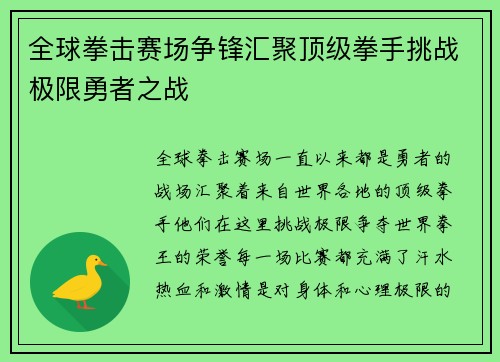 全球拳击赛场争锋汇聚顶级拳手挑战极限勇者之战